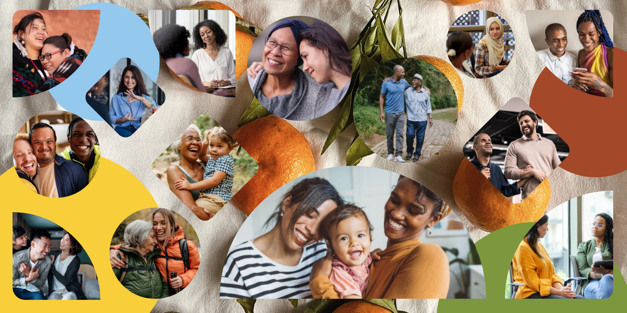 A collage of community members smiling over a oranges and brightly colored shapes